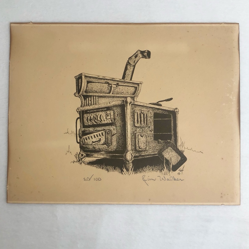Vintage Antique Wood Burning Stove Original Art By Jim Walker Signed & Numbered